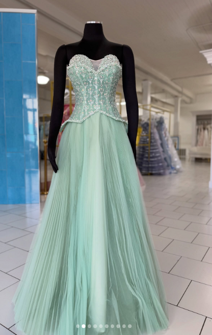 Chic Pink A-Line Long Prom Dresses Beaded Tulle Strapless Evening Dressses Sleeveless Birthday Dresses ED05844