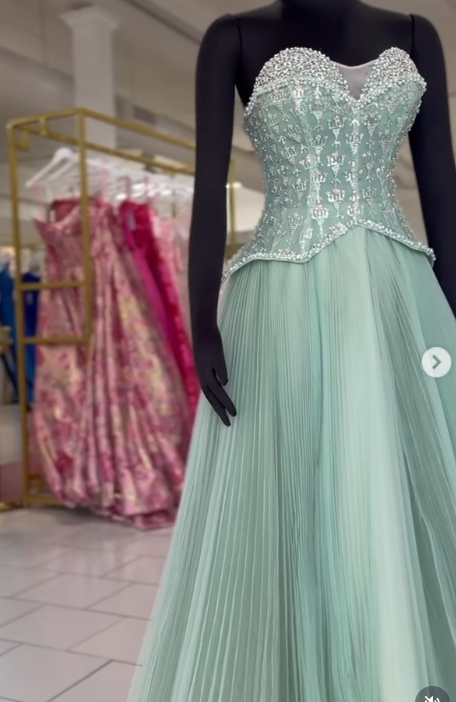 Chic Pink A-Line Long Prom Dresses Beaded Tulle Strapless Evening Dressses Sleeveless Birthday Dresses ED05844