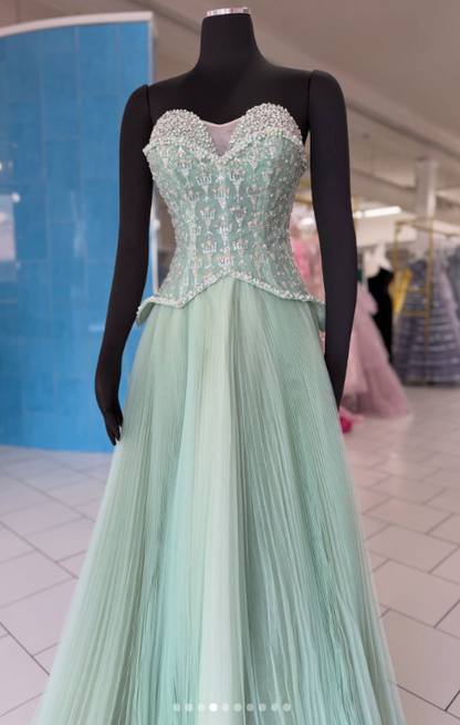 Chic Pink A-Line Long Prom Dresses Beaded Tulle Strapless Evening Dressses Sleeveless Birthday Dresses ED05844