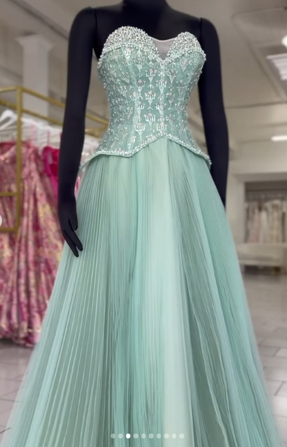 Chic Pink A-Line Long Prom Dresses Beaded Tulle Strapless Evening Dressses Sleeveless Birthday Dresses ED05844