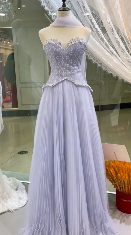 Chic Pink A-Line Long Prom Dresses Beaded Tulle Strapless Evening Dressses Sleeveless Birthday Dresses ED05844
