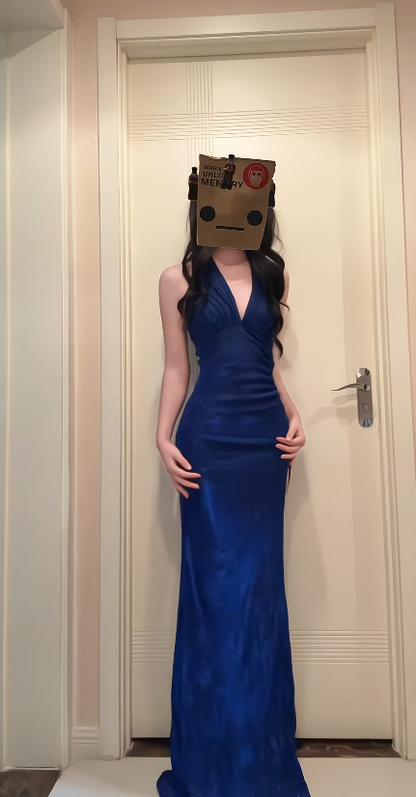 Chic Sheath Navy Blue Long Prom Dresses Satin V-Neck Evening Dresses Sleeveless Birthday Dresses ED05918