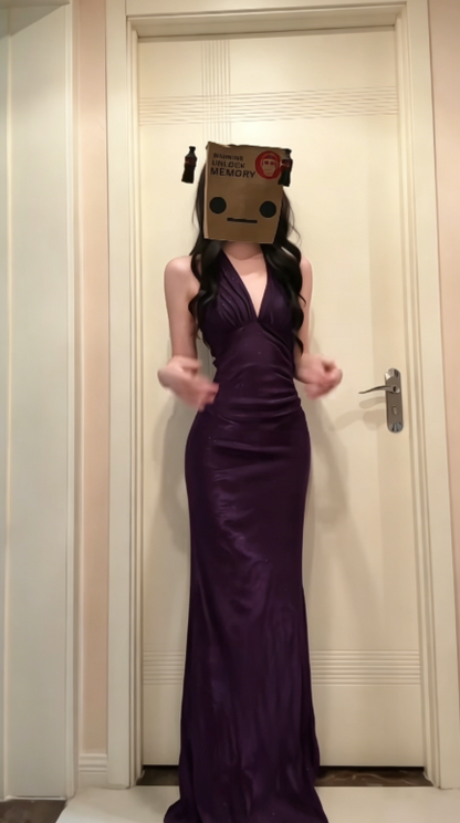 Chic Sheath Navy Blue Long Prom Dresses Satin V-Neck Evening Dresses Sleeveless Birthday Dresses ED05918