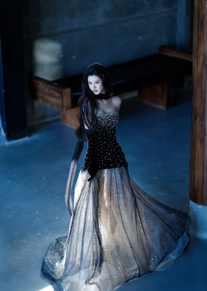 Chic Black Sheath Long Prom Dress Tulle Strapless Evening Dresses Sleeveless Formal Dresses ED05944
