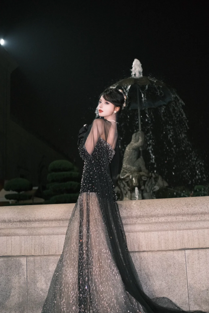 Chic Black Sheath Long Prom Dress Tulle Strapless Evening Dresses Sleeveless Formal Dresses ED05944
