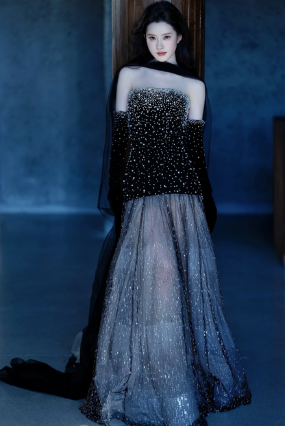 Chic Black Sheath Long Prom Dress Tulle Strapless Evening Dresses Sleeveless Formal Dresses ED05944
