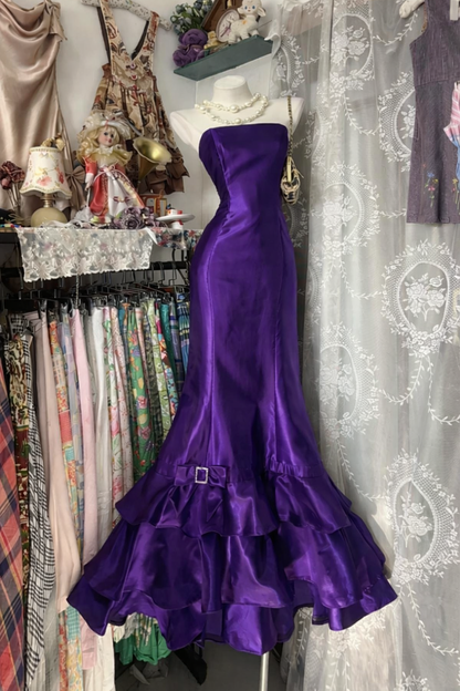 Chic Blue Mermaid Long Prom Dresses Satin Strapless Evening Dresses  ED05946