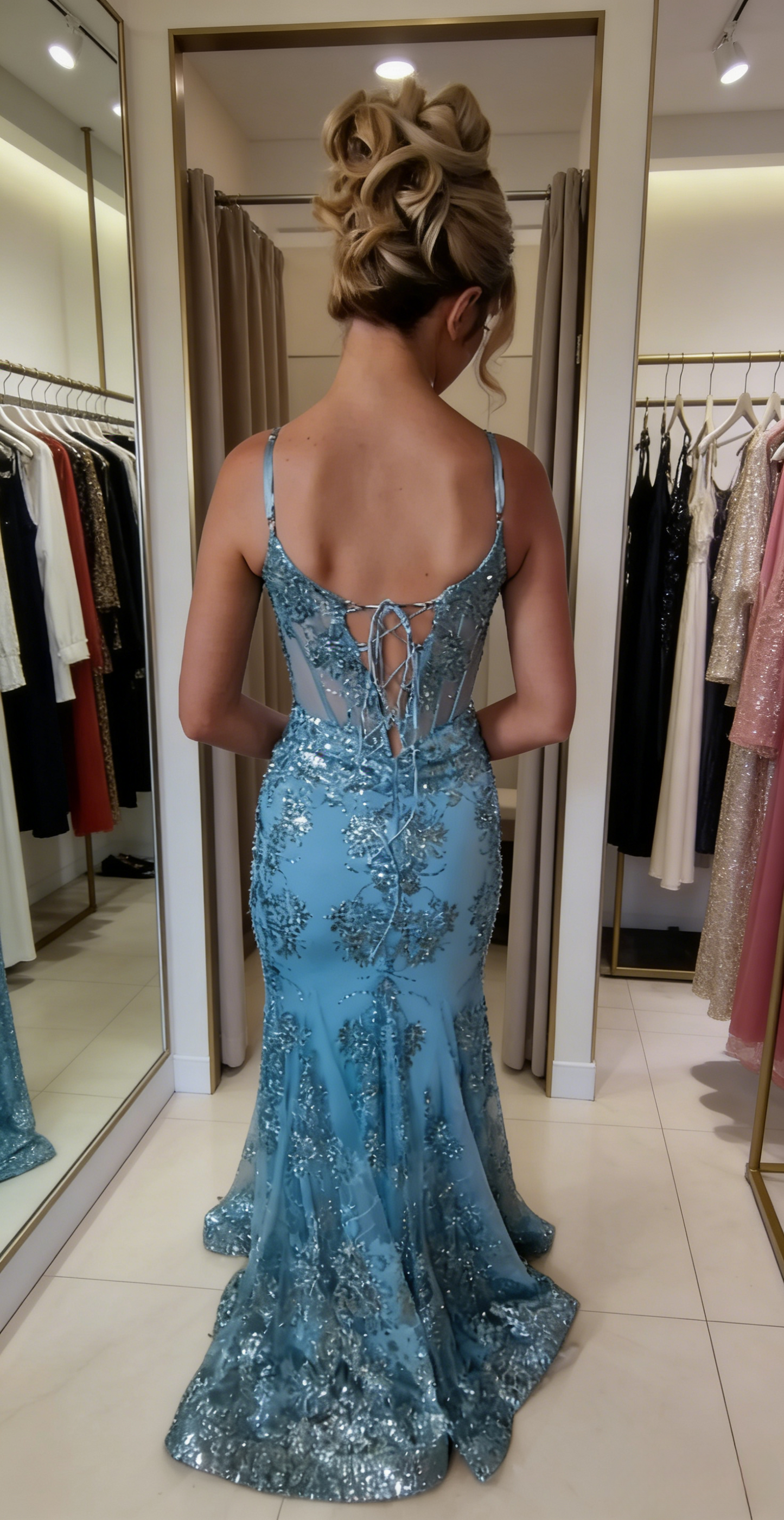 Sexy Mermaid Blue Long Prom Dresses Tulle Sequins Spaghetti Straps Evening Dresses  ED06046