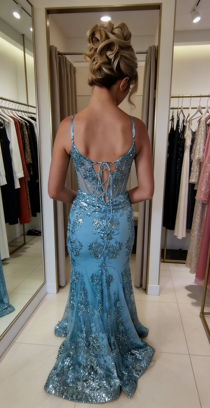 Sexy Mermaid Blue Long Prom Dresses Tulle Sequins Spaghetti Straps Evening Dresses  ED06046