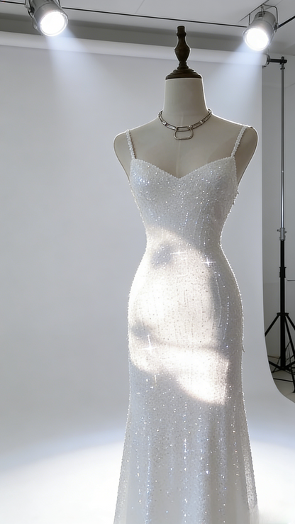 Chic Pink Long Prom Dresses Spaghetti Straps Sheath Evening Dresses Sequins Tulle Sleeveless Party Dresses ED06124