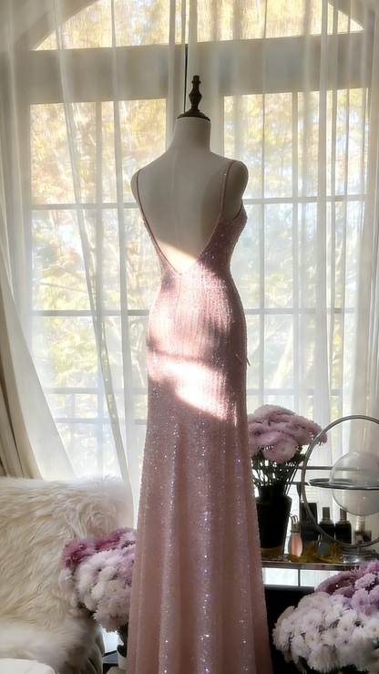 Chic Pink Long Prom Dresses Spaghetti Straps Sheath Evening Dresses Sequins Tulle Sleeveless Party Dresses ED06124
