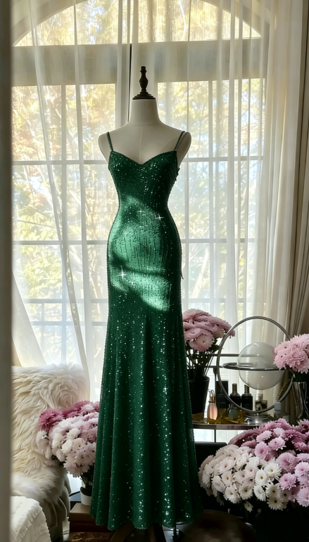 Chic Pink Long Prom Dresses Spaghetti Straps Sheath Evening Dresses Sequins Tulle Sleeveless Party Dresses ED06124
