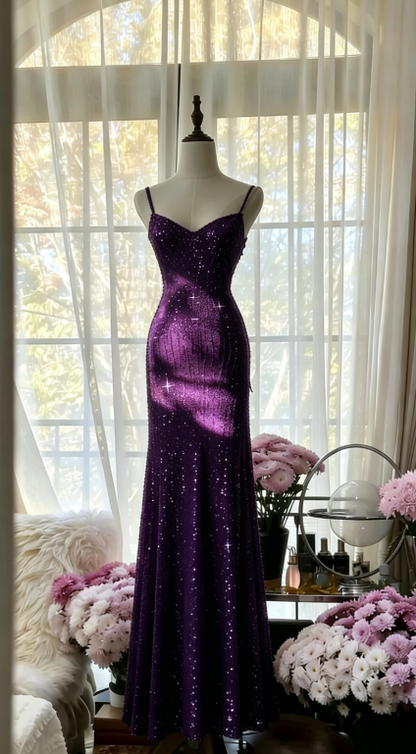 Chic Pink Long Prom Dresses Spaghetti Straps Sheath Evening Dresses Sequins Tulle Sleeveless Party Dresses ED06124
