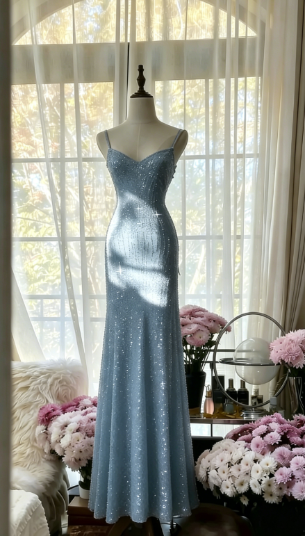 Chic Pink Long Prom Dresses Spaghetti Straps Sheath Evening Dresses Sequins Tulle Sleeveless Party Dresses ED06124
