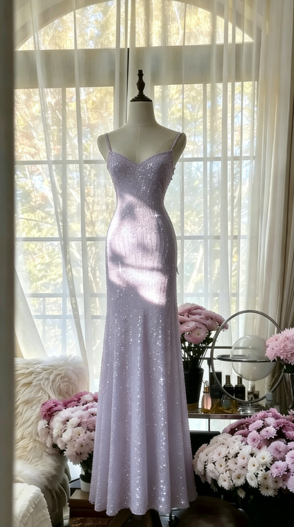Chic Pink Long Prom Dresses Spaghetti Straps Sheath Evening Dresses Sequins Tulle Sleeveless Party Dresses ED06124