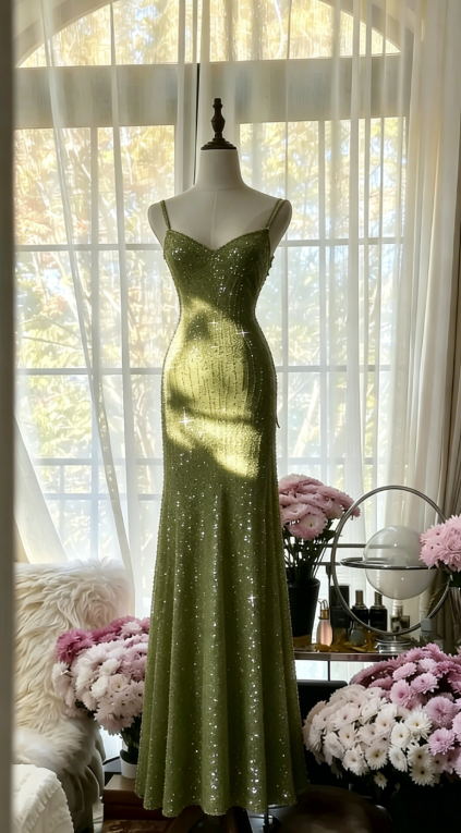 Chic Pink Long Prom Dresses Spaghetti Straps Sheath Evening Dresses Sequins Tulle Sleeveless Party Dresses ED06124