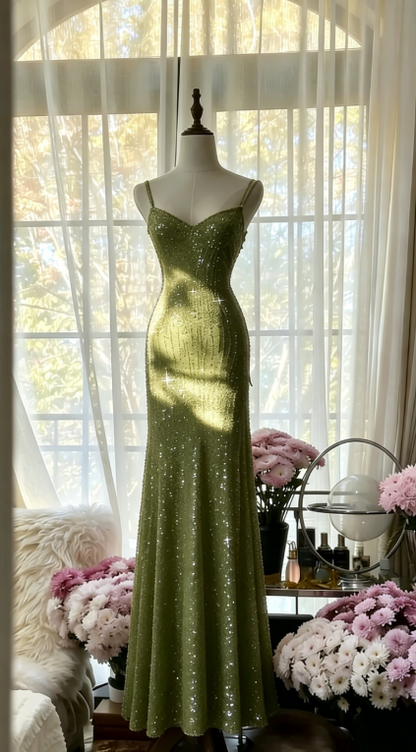 Chic Pink Long Prom Dresses Spaghetti Straps Sheath Evening Dresses Sequins Tulle Sleeveless Party Dresses ED06124