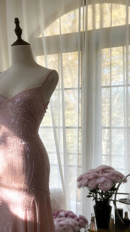 Chic Pink Long Prom Dresses Spaghetti Straps Sheath Evening Dresses Sequins Tulle Sleeveless Party Dresses ED06124