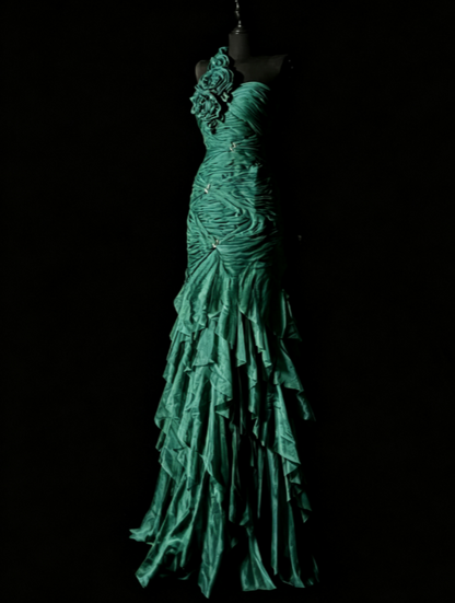 Chic Blue Long Prom Dresses One-shoulder Sheath Evening Dresses Tulle Sleeveless Party Dresses ED06127