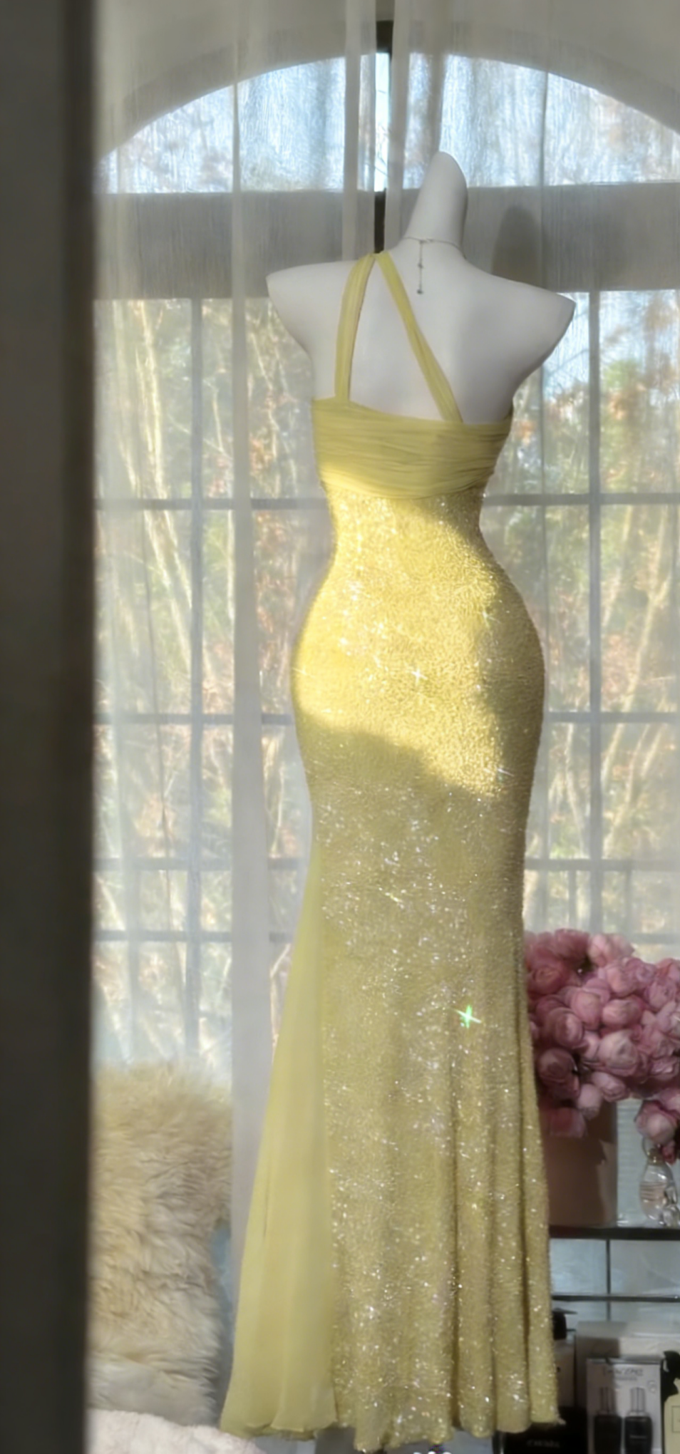 Chic Pink Long Prom Dresses One-shoulder Sheath Evening Dresses Tulle Beaded Birthay Dresses ED06147