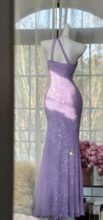 Chic Pink Long Prom Dresses One-shoulder Sheath Evening Dresses Tulle Beaded Birthay Dresses ED06147