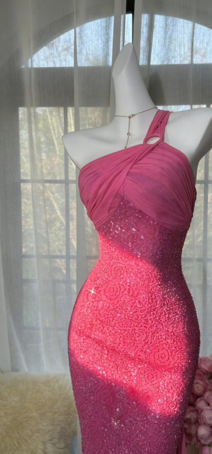 Chic Pink Long Prom Dresses One-shoulder Sheath Evening Dresses Tulle Beaded Birthay Dresses ED06147