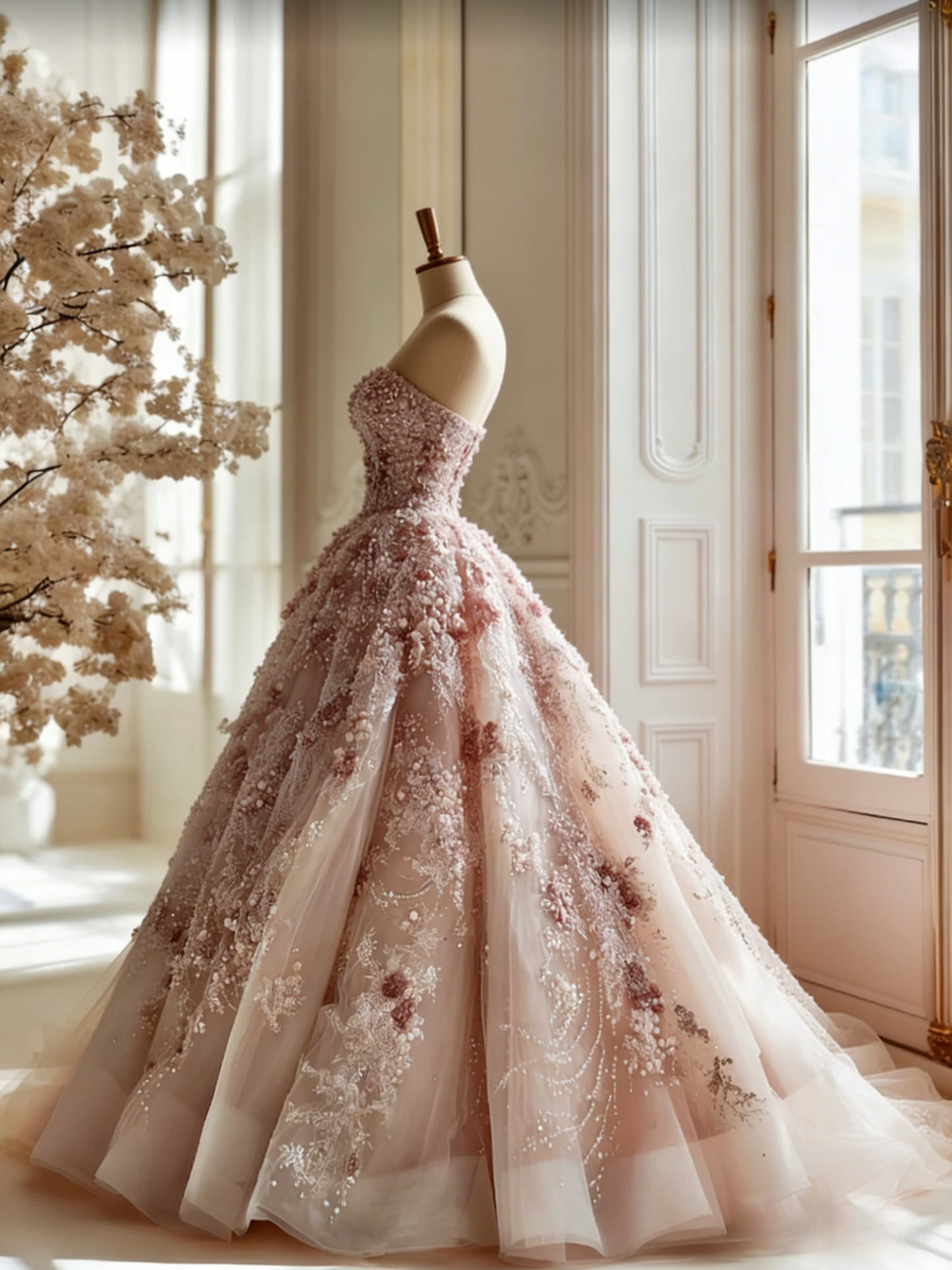 Chic Pink Long Prom Dresses Beaded Appliques Tulle Sweetheart A-Line Evening Dresses ED06151