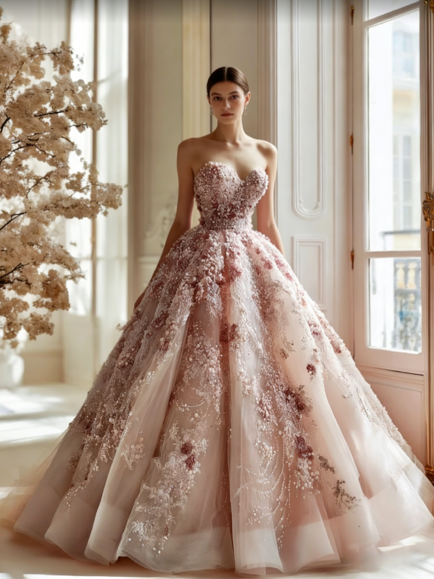 Chic Pink Long Prom Dresses Beaded Appliques Tulle Sweetheart A-Line Evening Dresses ED06151