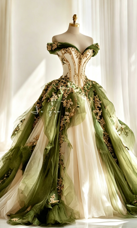 Chic Green Long Prom Dresses Appliques Tulle Off-shoulder A-Line Evening Dresses ED06152