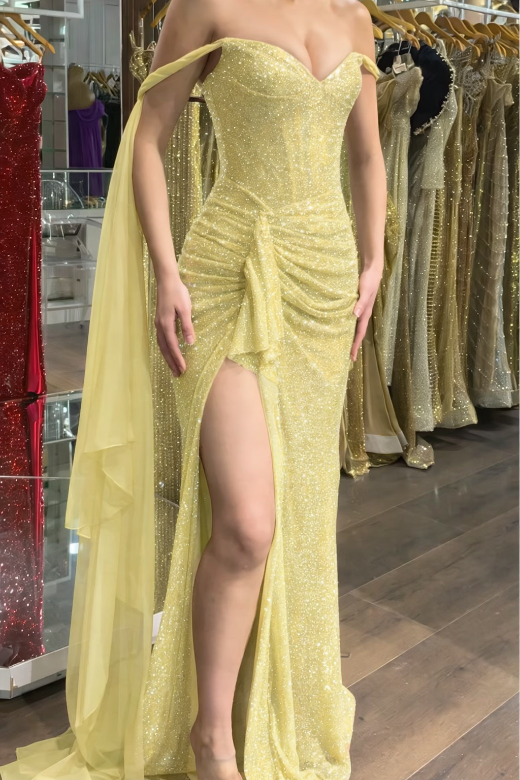 Sexy Dark Red Long Prom Dresses Tulle Off-shoulder Sheath Evening Dresses with Slit ED06156