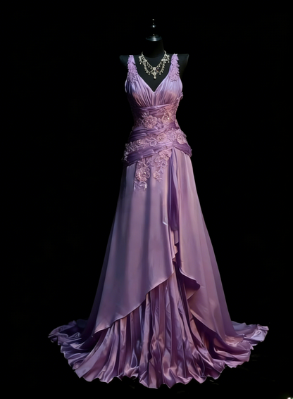 Elegant Grape Long Prom Dresses Satin V-neck A-line Evening Dresses Appliques Sleeveless Formal Dresses ED06169