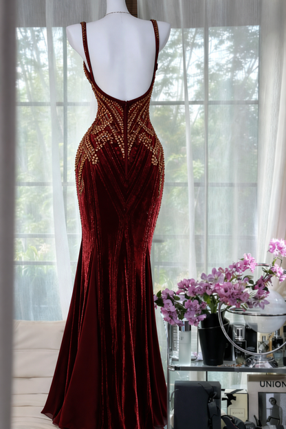 Chic Dark Green Long Prom Dresses Beaded Chiffon Straps Mermaid Evening Dresses ED06190