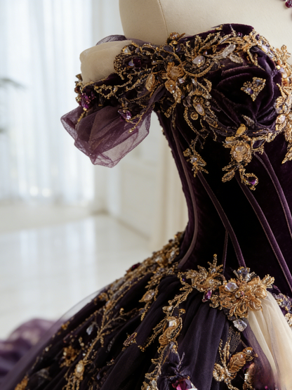 Gorgeous Purple Birthday Dresses Off-shoulder A-Line Long Prom Dresses Tulle Appliques Quinceanera Dresses ED06202