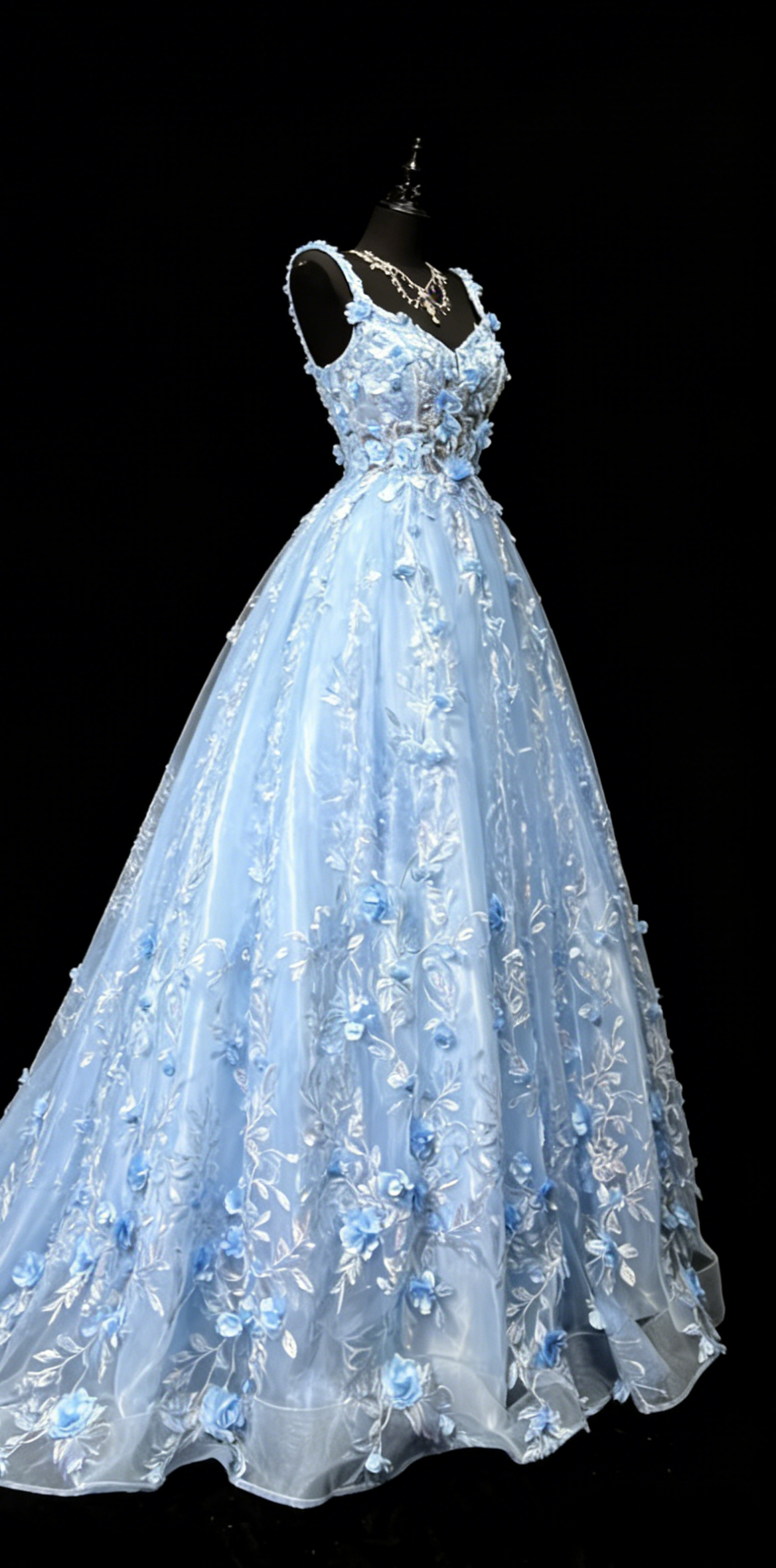 Gorgeous Blue Birthday Dresses Straps A-Line Long Prom Dresses Tulle Appliques Evening Dresses ED06203