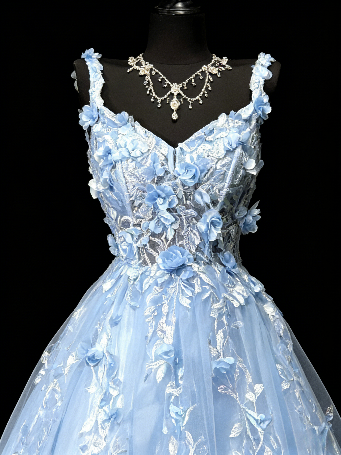 Gorgeous Blue Birthday Dresses Straps A-Line Long Prom Dresses Tulle Appliques Evening Dresses ED06203