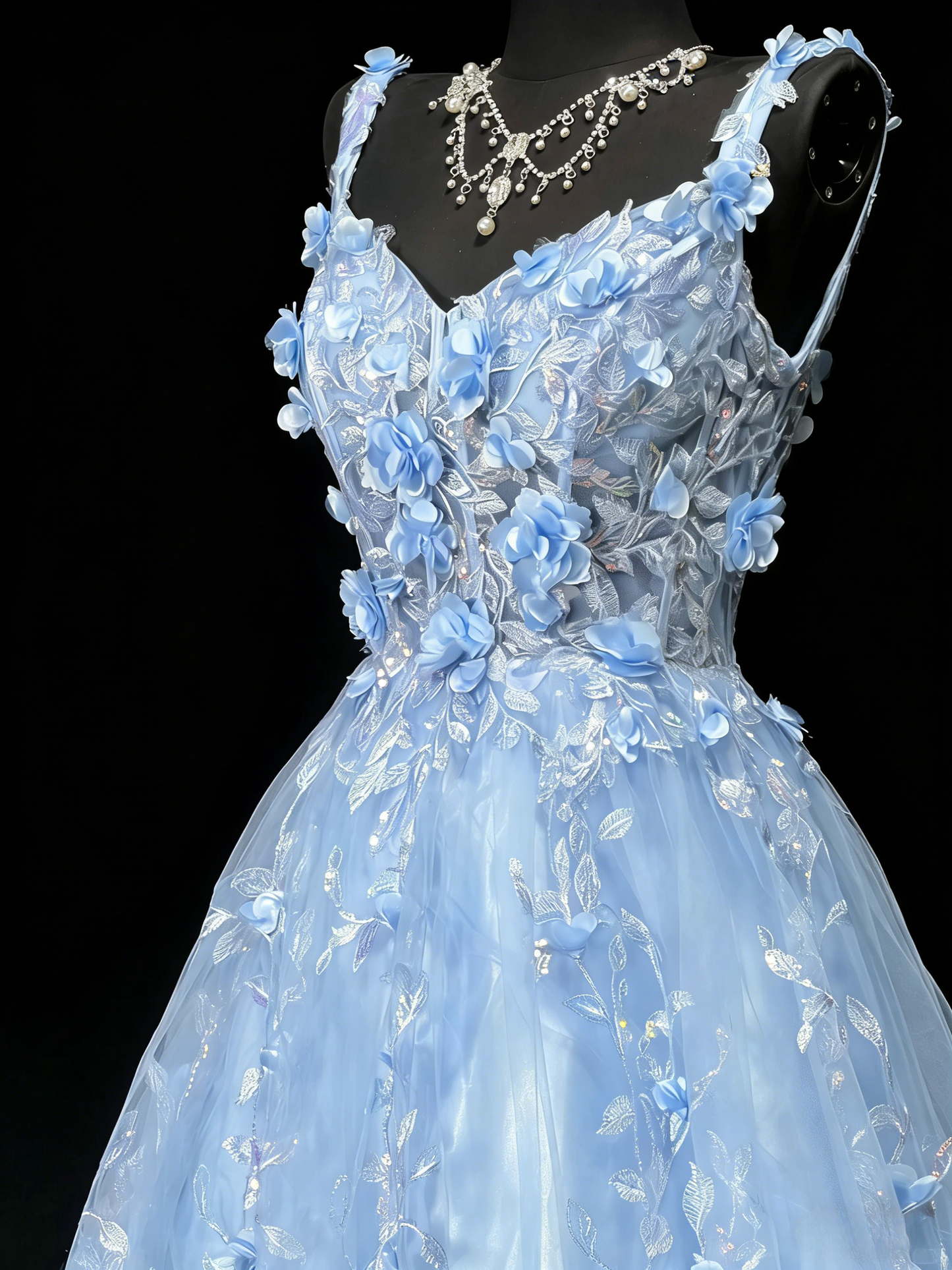 Gorgeous Blue Birthday Dresses Straps A-Line Long Prom Dresses Tulle Appliques Evening Dresses ED06203