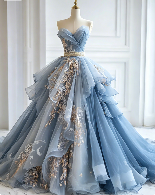 Chic Gray Blue Long Prom Dresses Tulle Applique Sweetheart A-Line Evening Dresses Sleeveless Birthday Dresses ED06211