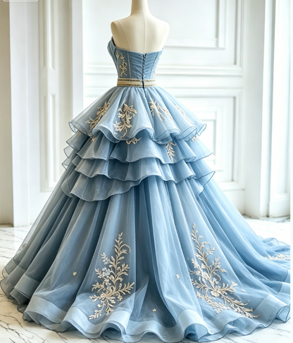 Chic Gray Blue Long Prom Dresses Tulle Applique Sweetheart A-Line Evening Dresses Sleeveless Birthday Dresses ED06211