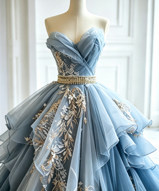 Chic Gray Blue Long Prom Dresses Tulle Applique Sweetheart A-Line Evening Dresses Sleeveless Birthday Dresses ED06211