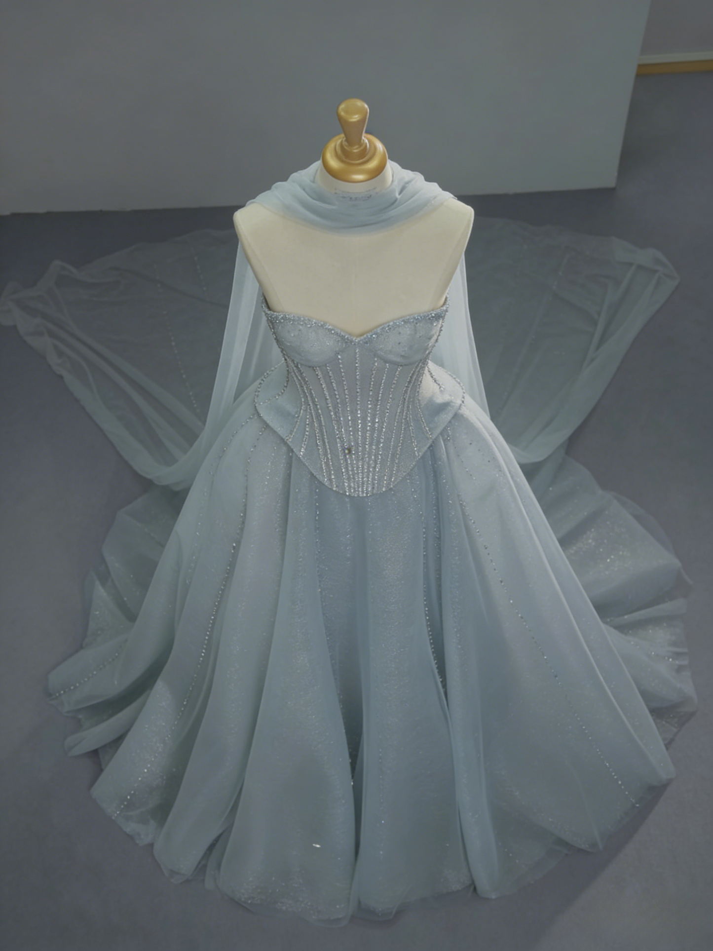 Chic Blue Long Prom Dresses Tulle Strapless A-Line Evening Dresses Sleeveless Birthday Dresses ED06214