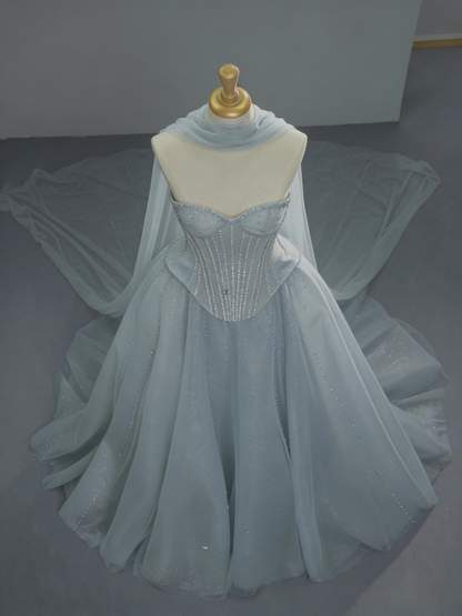 Chic Blue Long Prom Dresses Tulle Strapless A-Line Evening Dresses Sleeveless Birthday Dresses ED06214
