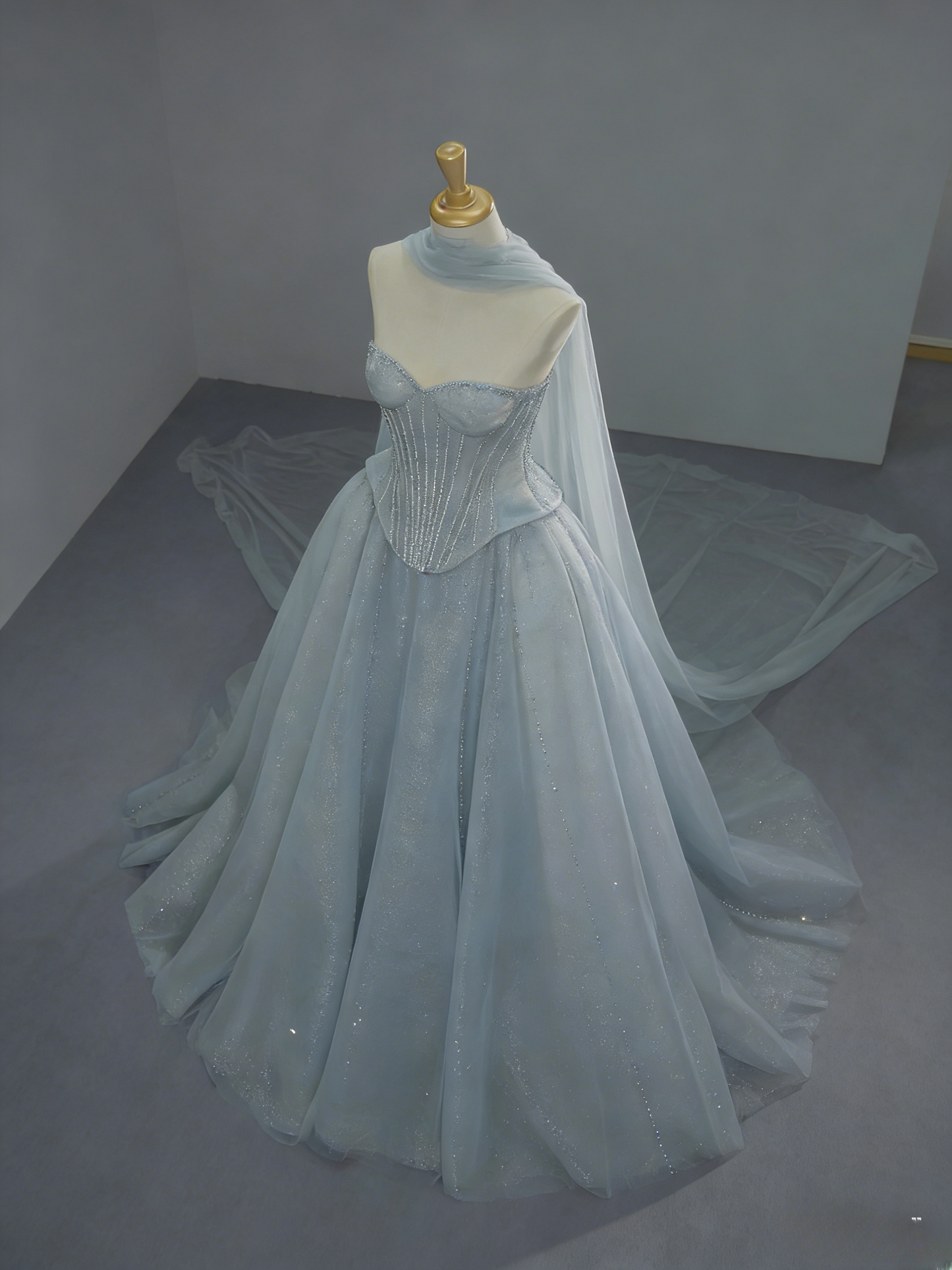 Chic Blue Long Prom Dresses Tulle Strapless A-Line Evening Dresses Sleeveless Birthday Dresses ED06214