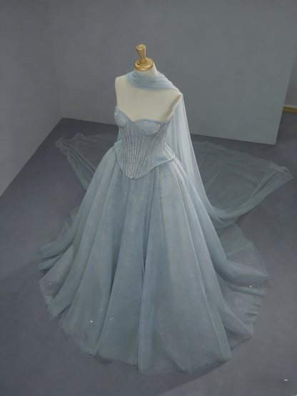 Chic Blue Long Prom Dresses Tulle Strapless A-Line Evening Dresses Sleeveless Birthday Dresses ED06214