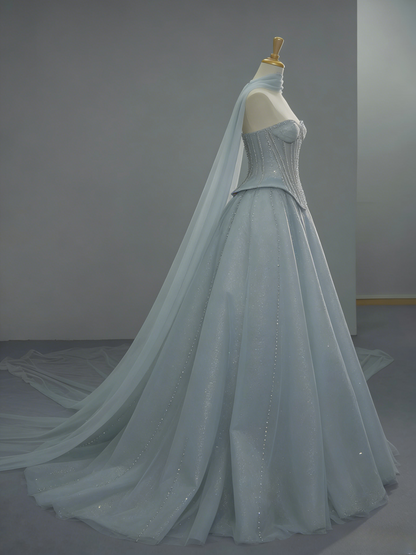 Chic Blue Long Prom Dresses Tulle Strapless A-Line Evening Dresses Sleeveless Birthday Dresses ED06214