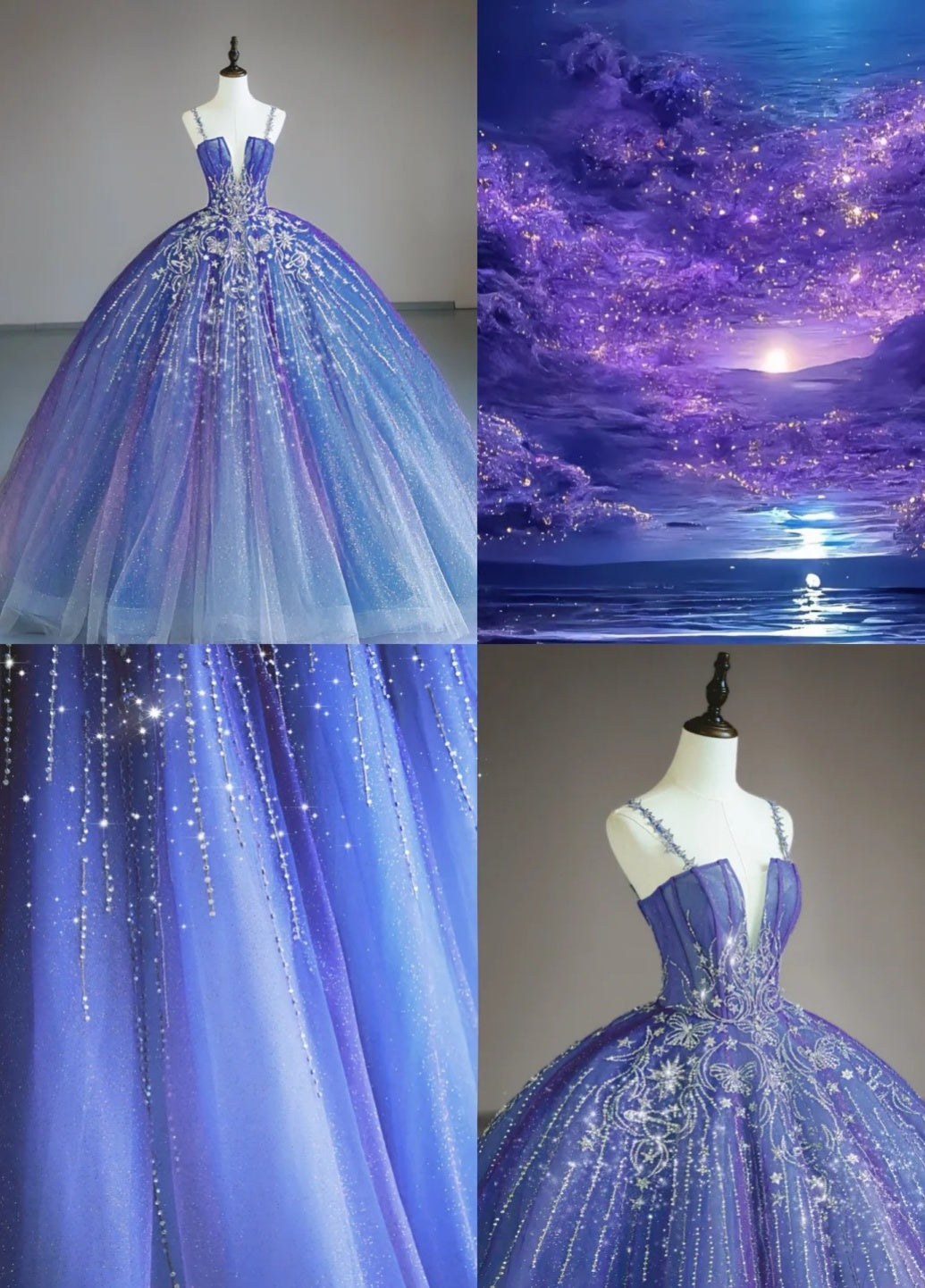 Chic A-Line Long Prom Dresses Tulle Spaghetti Straps Blue Birthday Dresses Sleeveless Evening Gowns ED06218