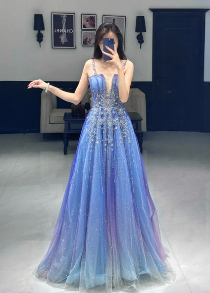 Chic A-Line Long Prom Dresses Tulle Spaghetti Straps Blue Birthday Dresses Sleeveless Evening Gowns ED06218