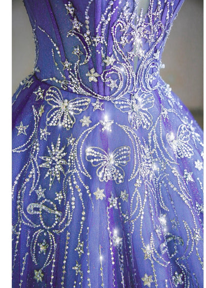 Chic A-Line Long Prom Dresses Tulle Spaghetti Straps Blue Birthday Dresses Sleeveless Evening Gowns ED06218