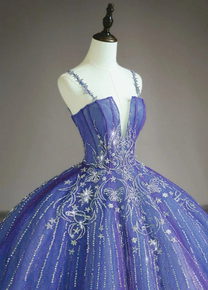 Chic A-Line Long Prom Dresses Tulle Spaghetti Straps Blue Birthday Dresses Sleeveless Evening Gowns ED06218