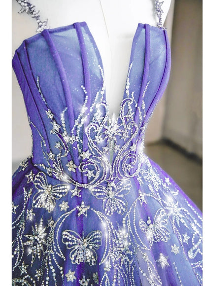 Chic A-Line Long Prom Dresses Tulle Spaghetti Straps Blue Birthday Dresses Sleeveless Evening Gowns ED06218