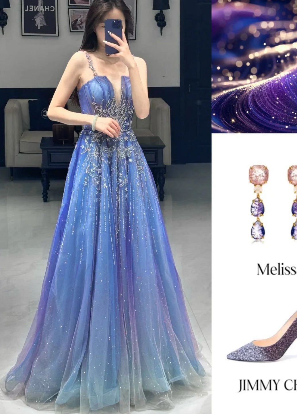 Chic A-Line Long Prom Dresses Tulle Spaghetti Straps Blue Birthday Dresses Sleeveless Evening Gowns ED06218